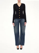 LS Buttoned V-Neck Light Knit Cardigan in Black