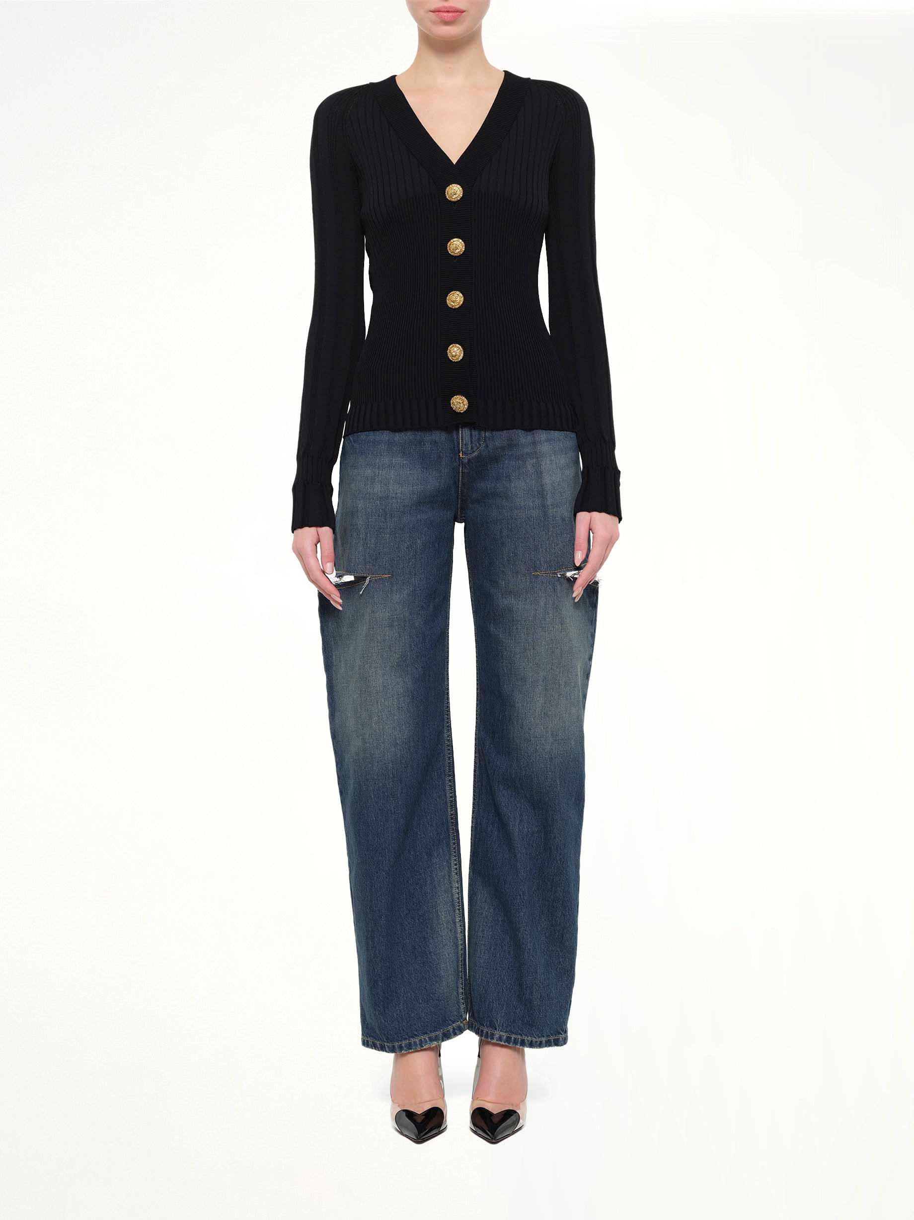 LS Buttoned V-Neck Light Knit Cardigan in Black