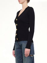 LS Buttoned V-Neck Light Knit Cardigan in Black