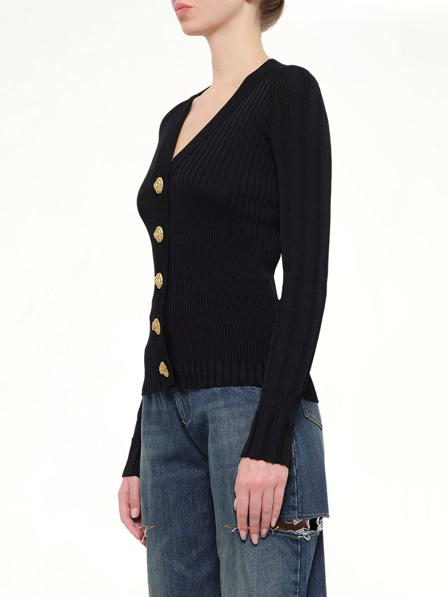 LS Buttoned V-Neck Light Knit Cardigan in Black