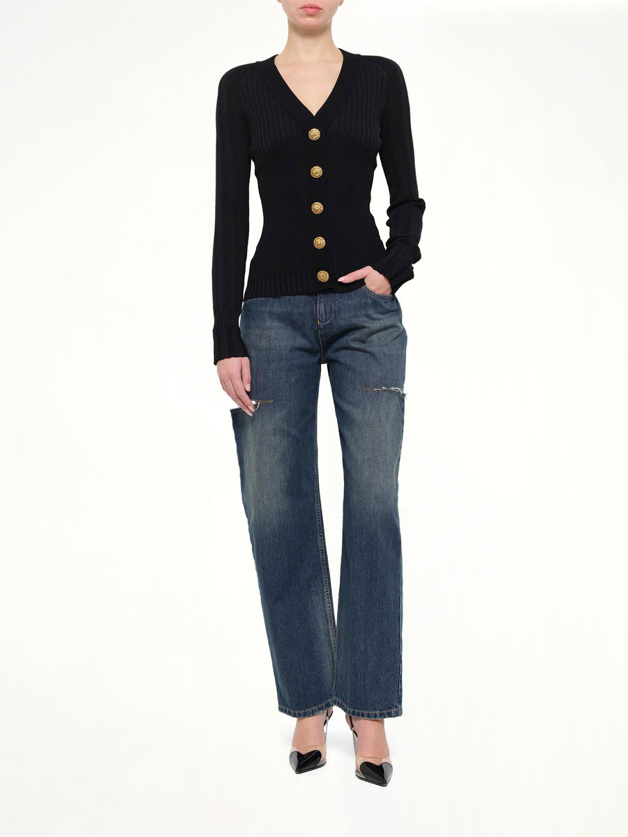LS Buttoned V-Neck Light Knit Cardigan in Black