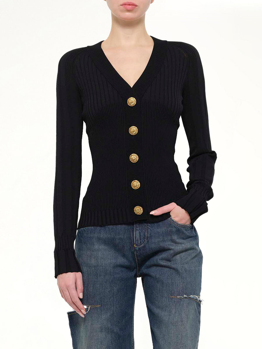 LS Buttoned V-Neck Light Knit Cardigan in Black