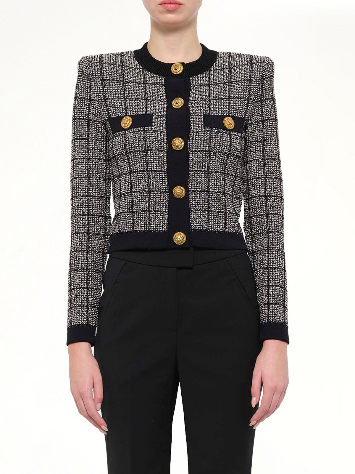 Round Collar Light Tweed Knit Cardigan in Black