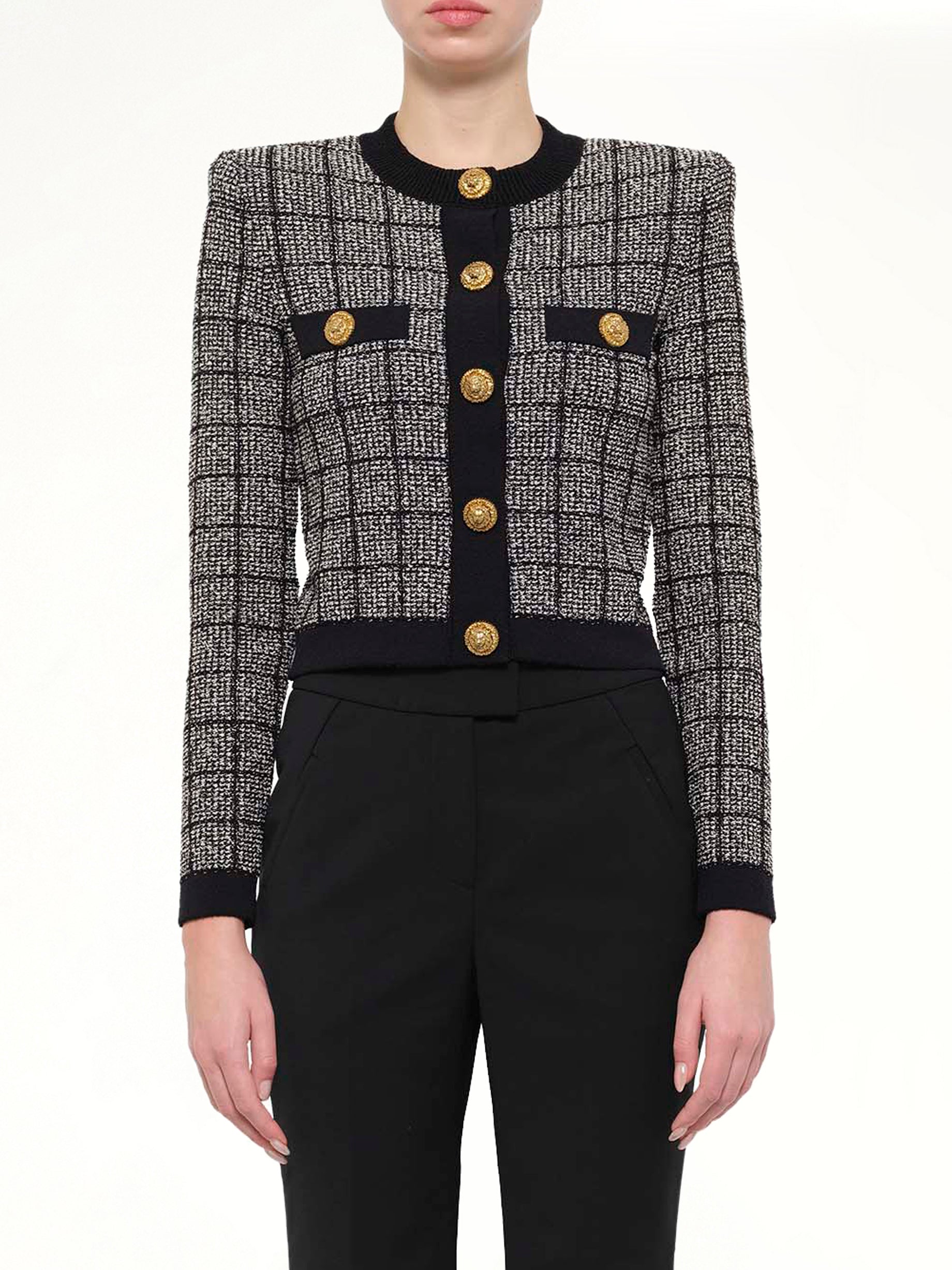 Round Collar Light Tweed Knit Cardigan in Black