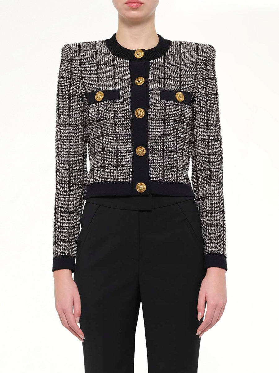 Round Collar Light Tweed Knit Cardigan in Black