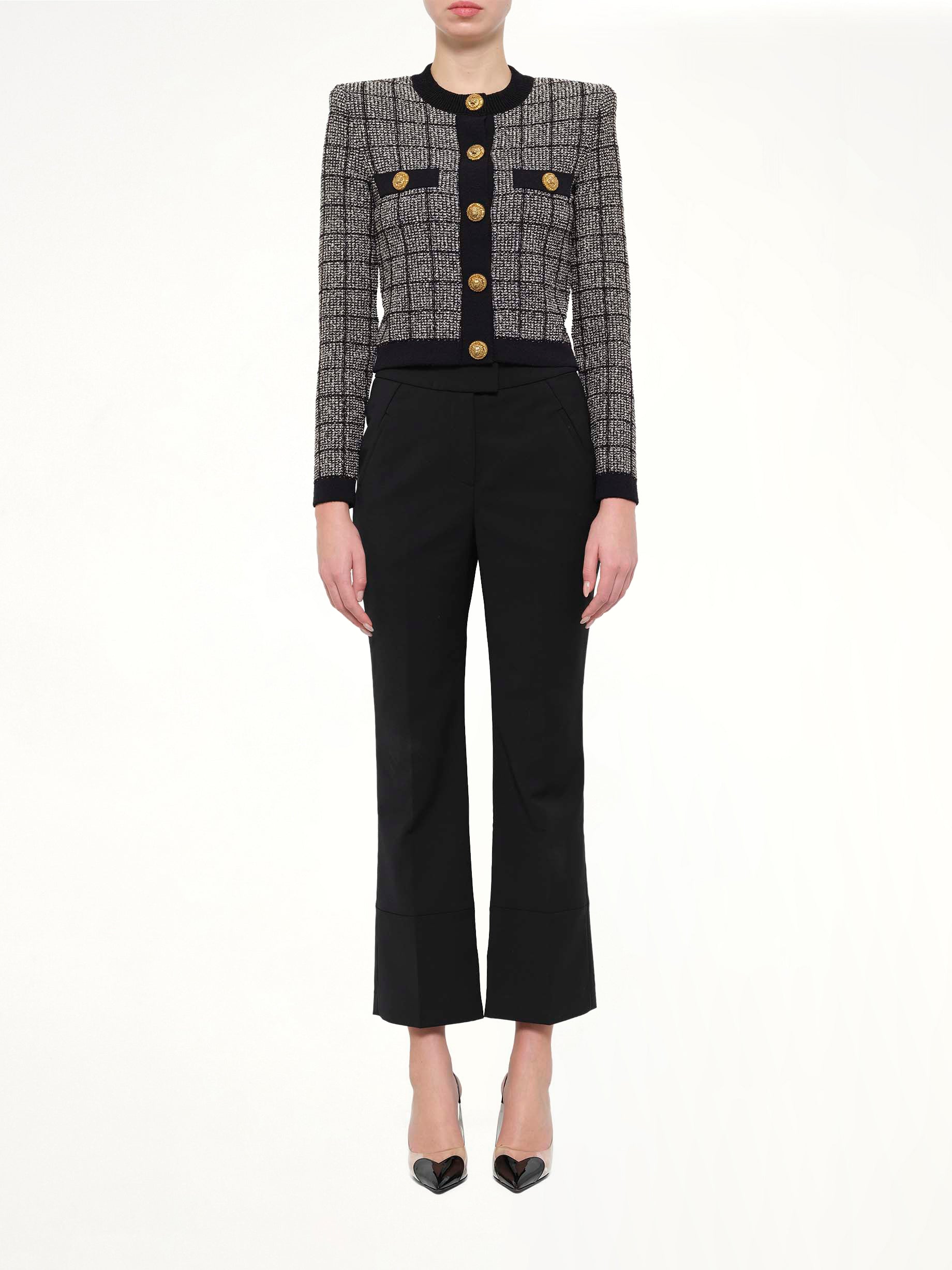 Round Collar Light Tweed Knit Cardigan in Black
