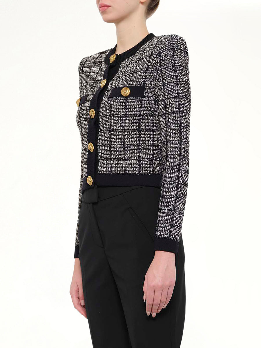 Round Collar Light Tweed Knit Cardigan in Black