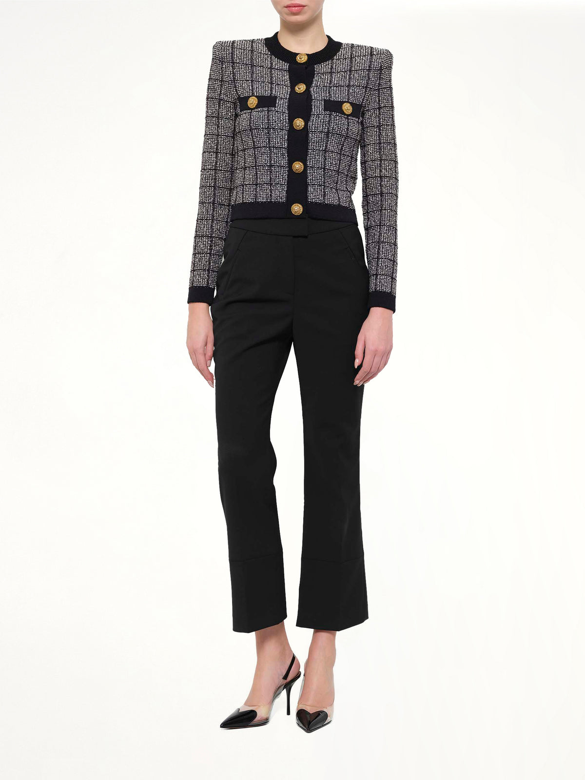Round Collar Light Tweed Knit Cardigan in Black