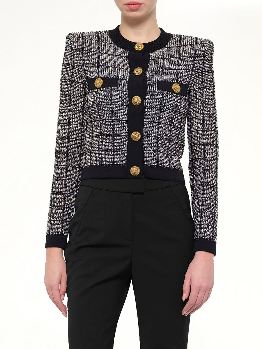 Round Collar Light Tweed Knit Cardigan in Black