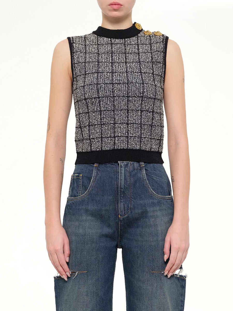 SL 3 Buttons Knit Light Tweed Top in Black