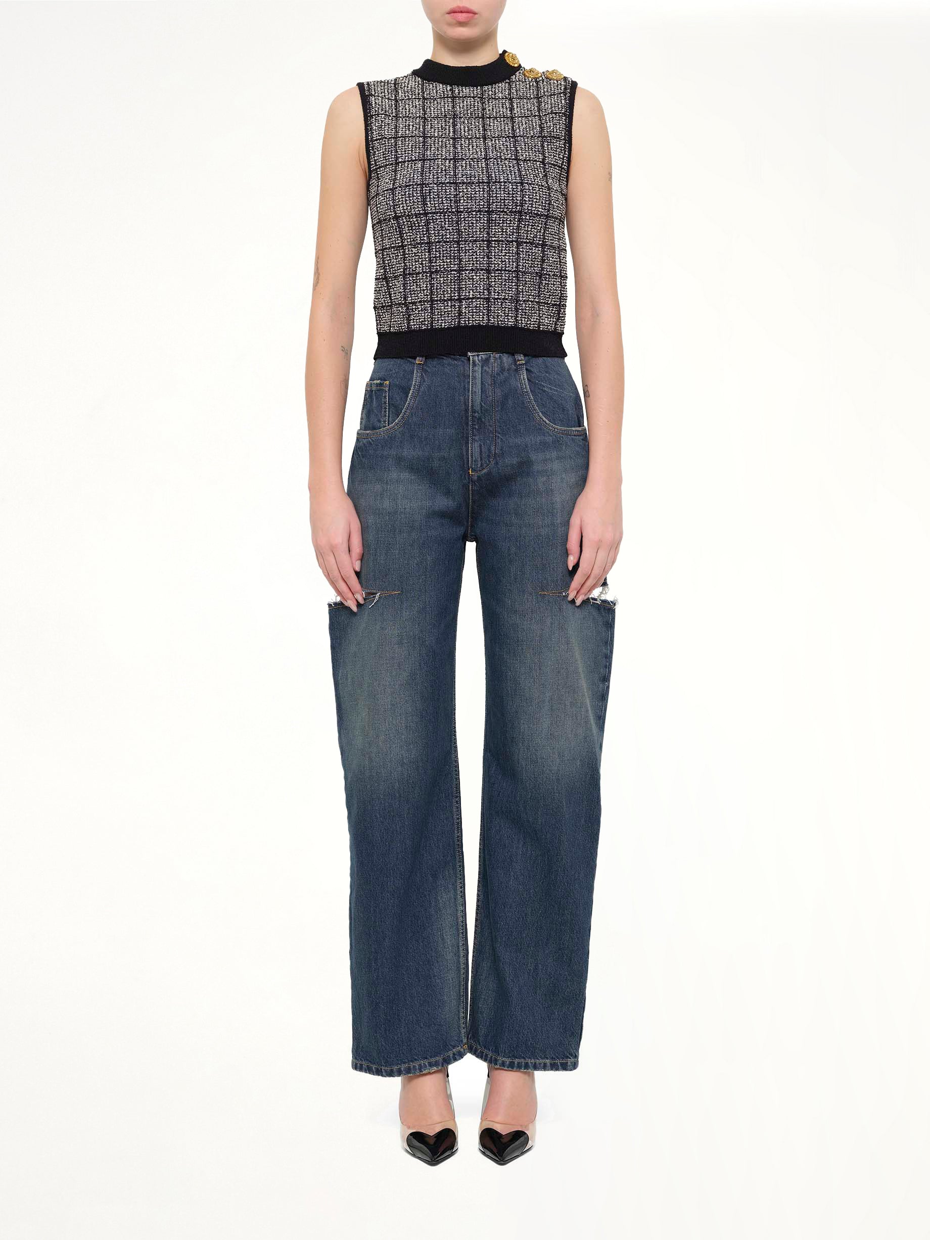 SL 3 Buttons Knit Light Tweed Top in Black