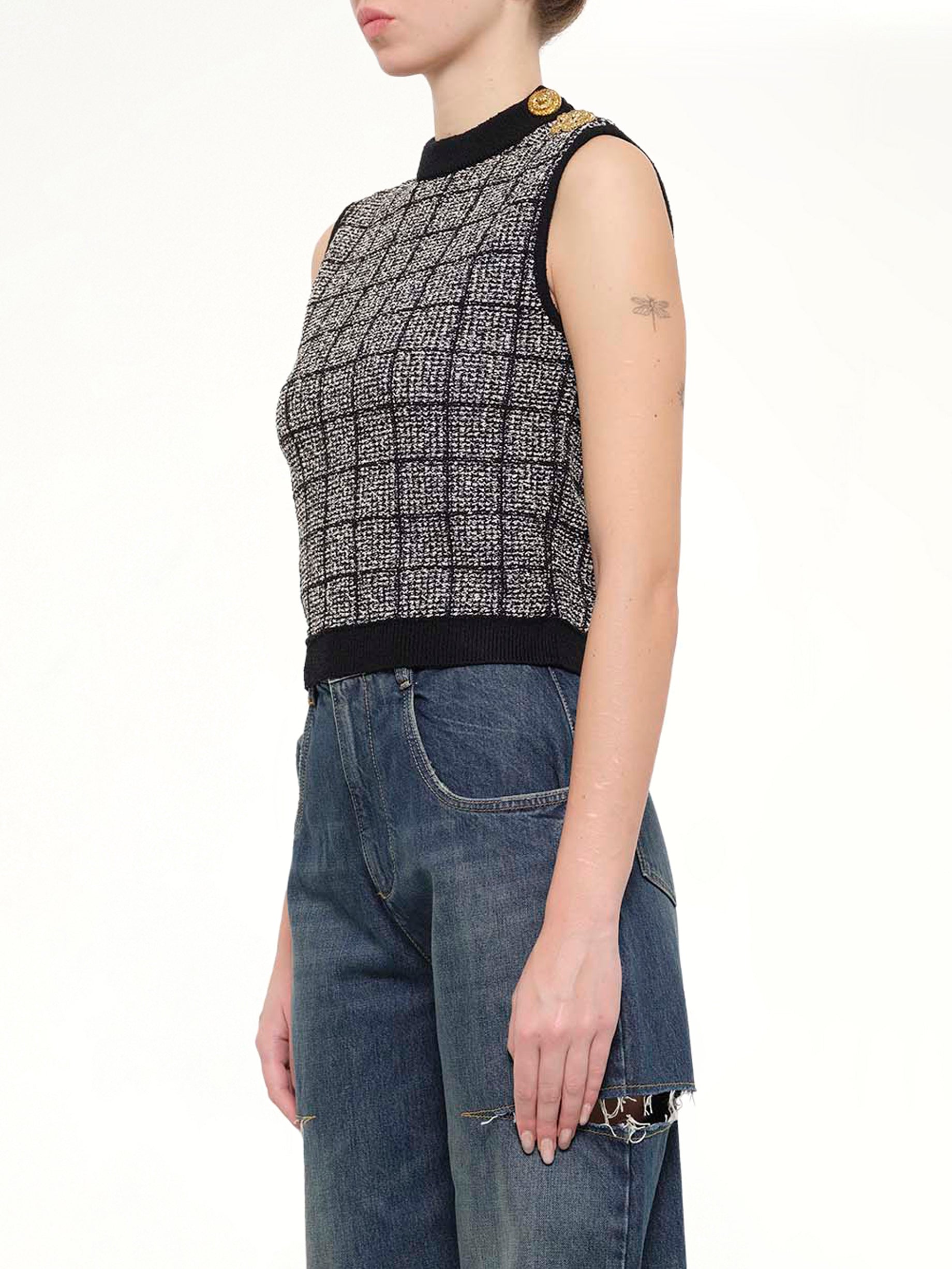 SL 3 Buttons Knit Light Tweed Top in Black