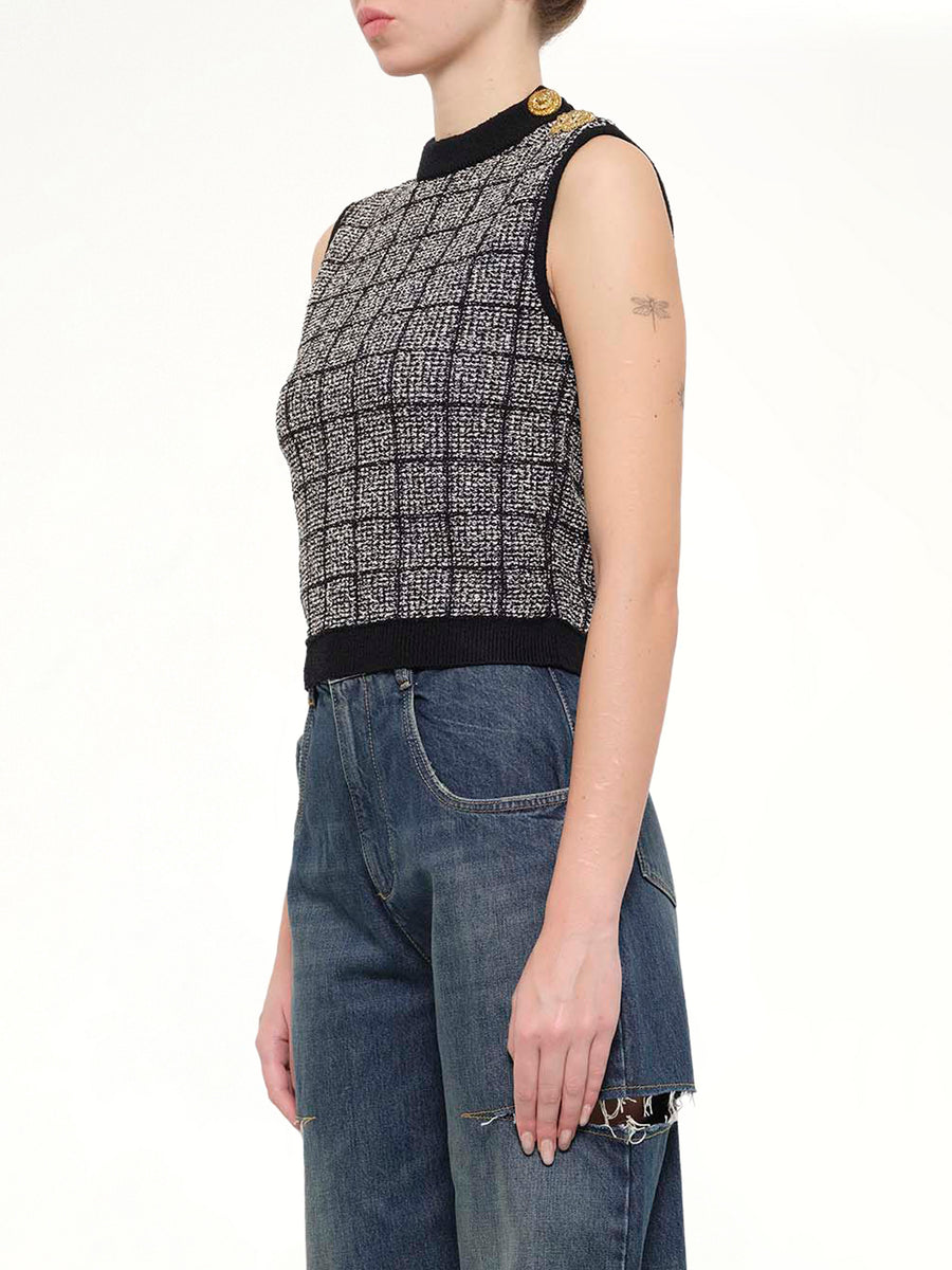 SL 3 Buttons Knit Light Tweed Top in Black