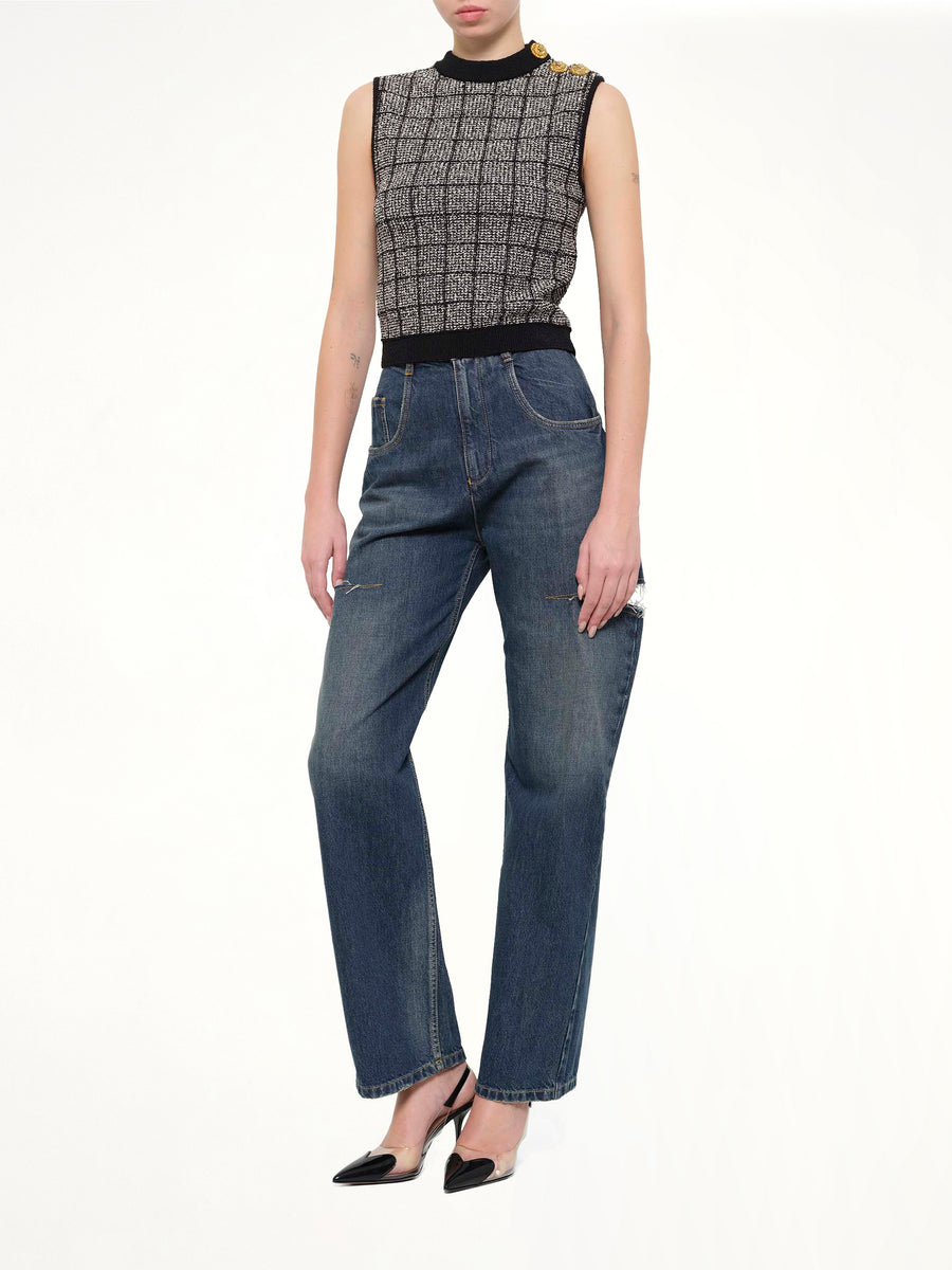 SL 3 Buttons Knit Light Tweed Top in Black