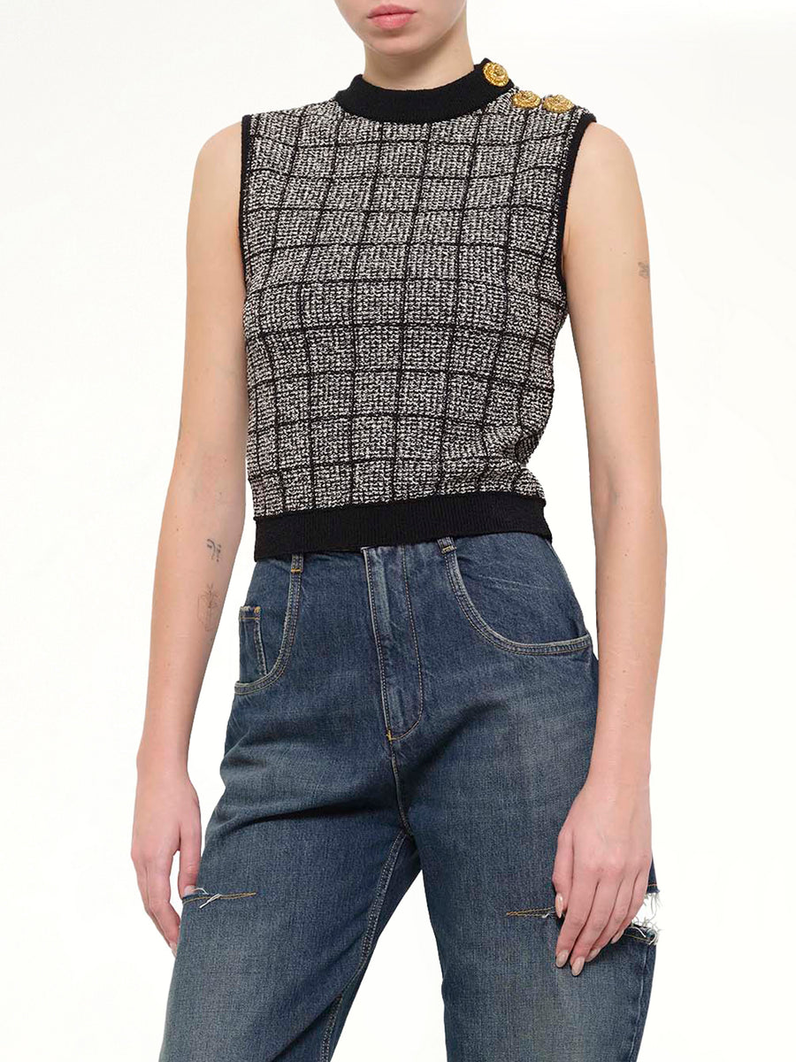 SL 3 Buttons Knit Light Tweed Top in Black