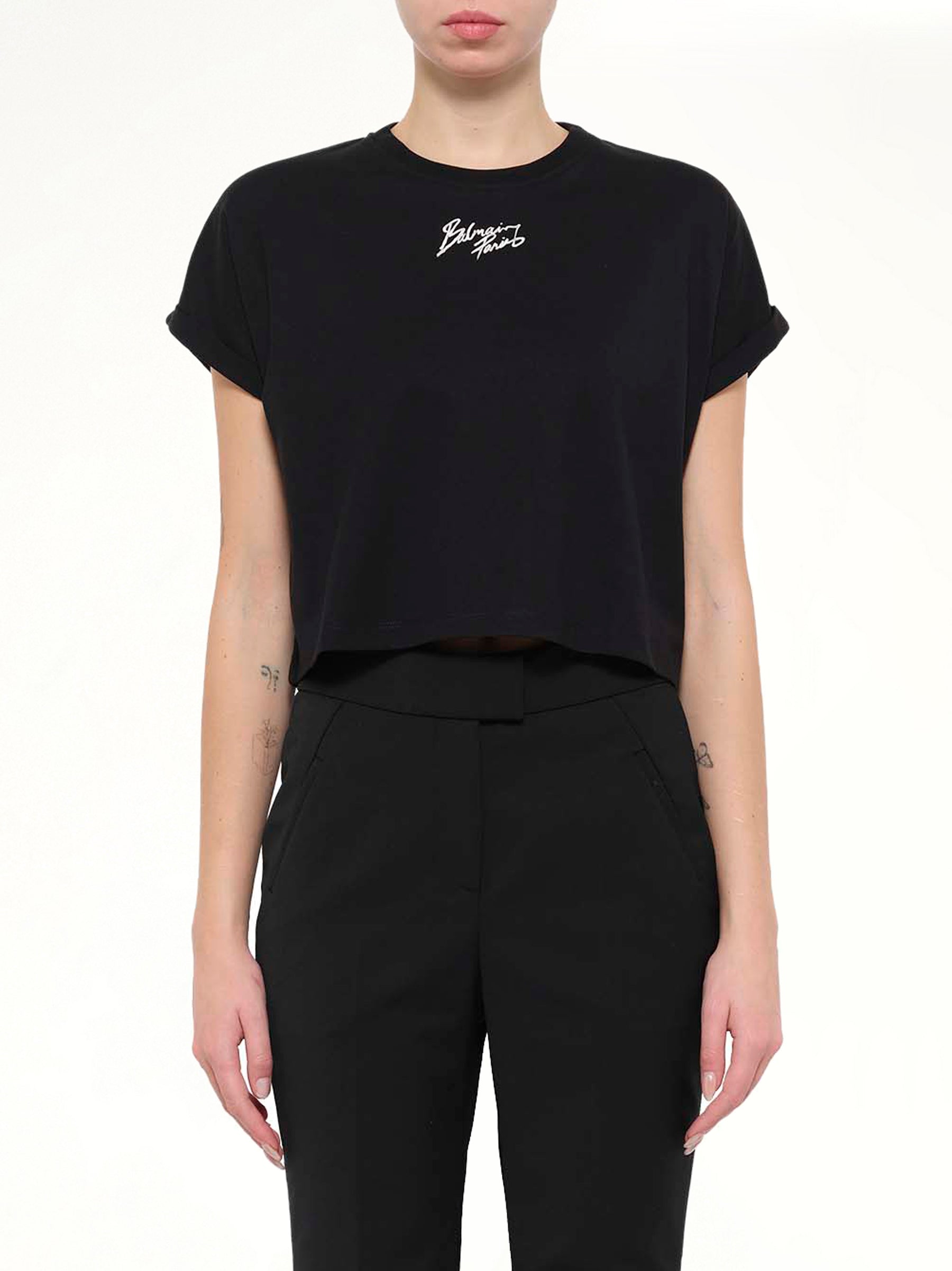 SS Balmain Paris Cropped T-Shirt in Black