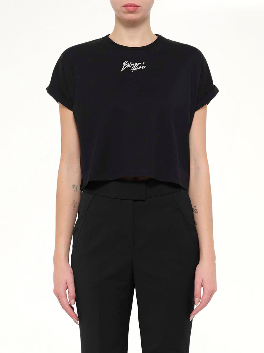 SS Balmain Paris Cropped T-Shirt in Black