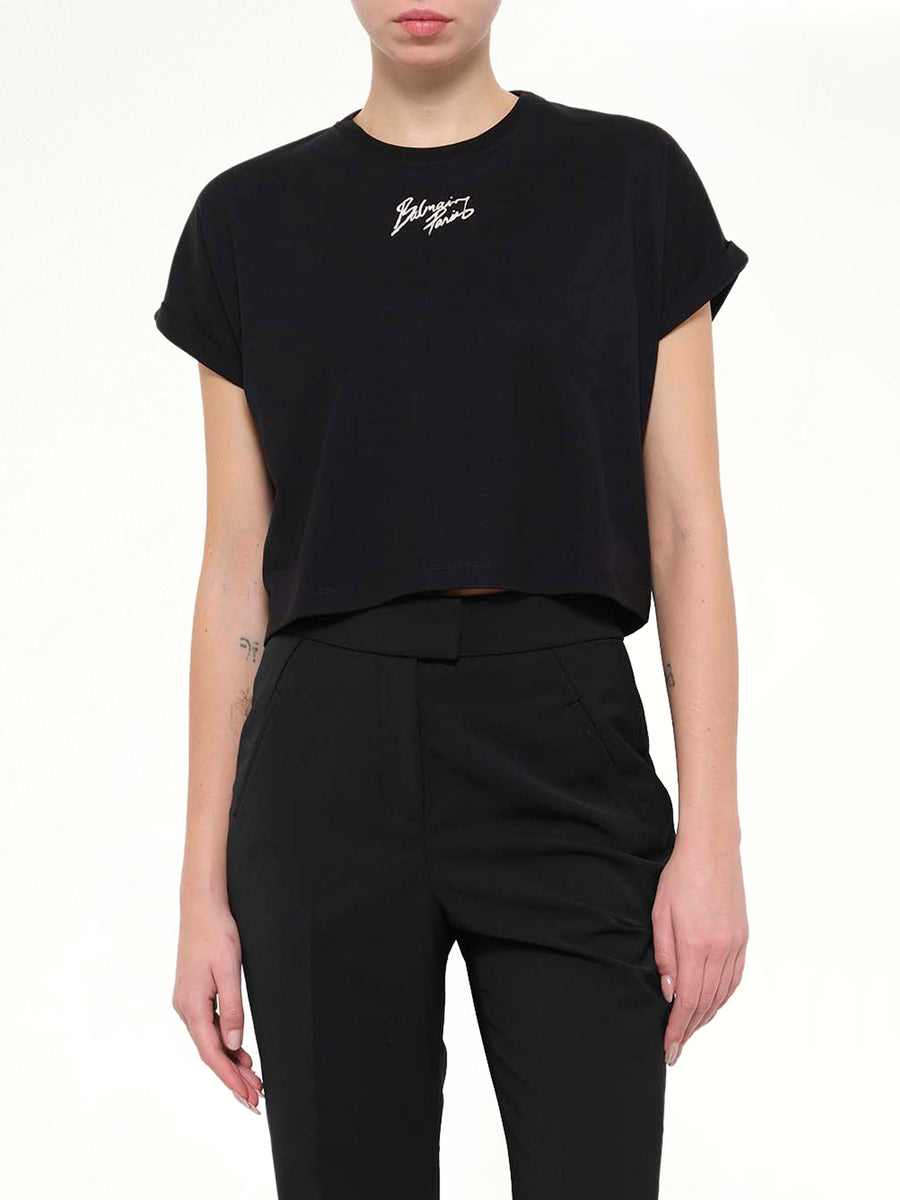 SS Balmain Paris Cropped T-Shirt in Black