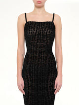 Thin Straps Velvet Monogram Long Dress in Black