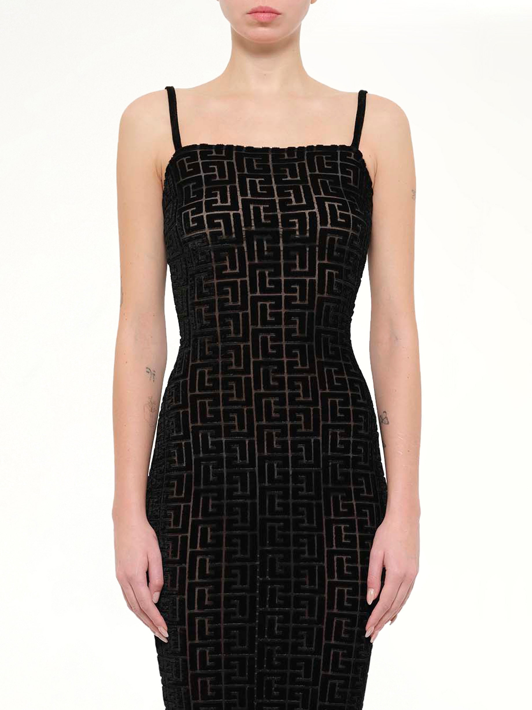 Thin Straps Velvet Monogram Long Dress in Black