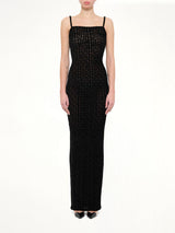 Thin Straps Velvet Monogram Long Dress in Black