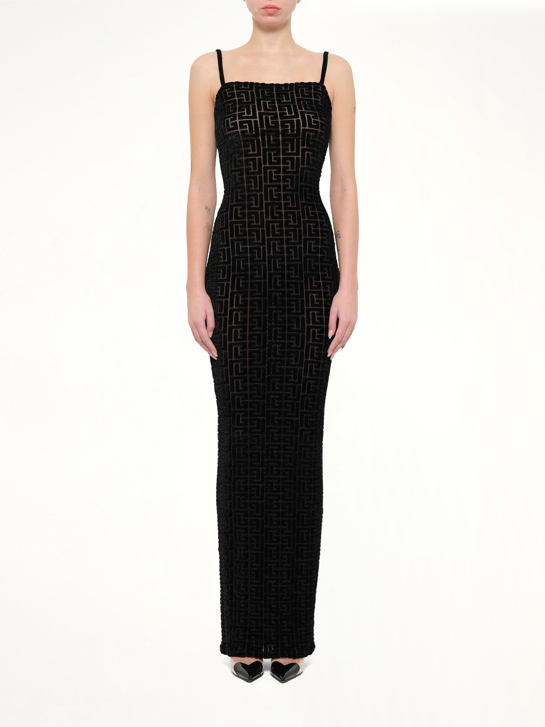 Thin Straps Velvet Monogram Long Dress in Black