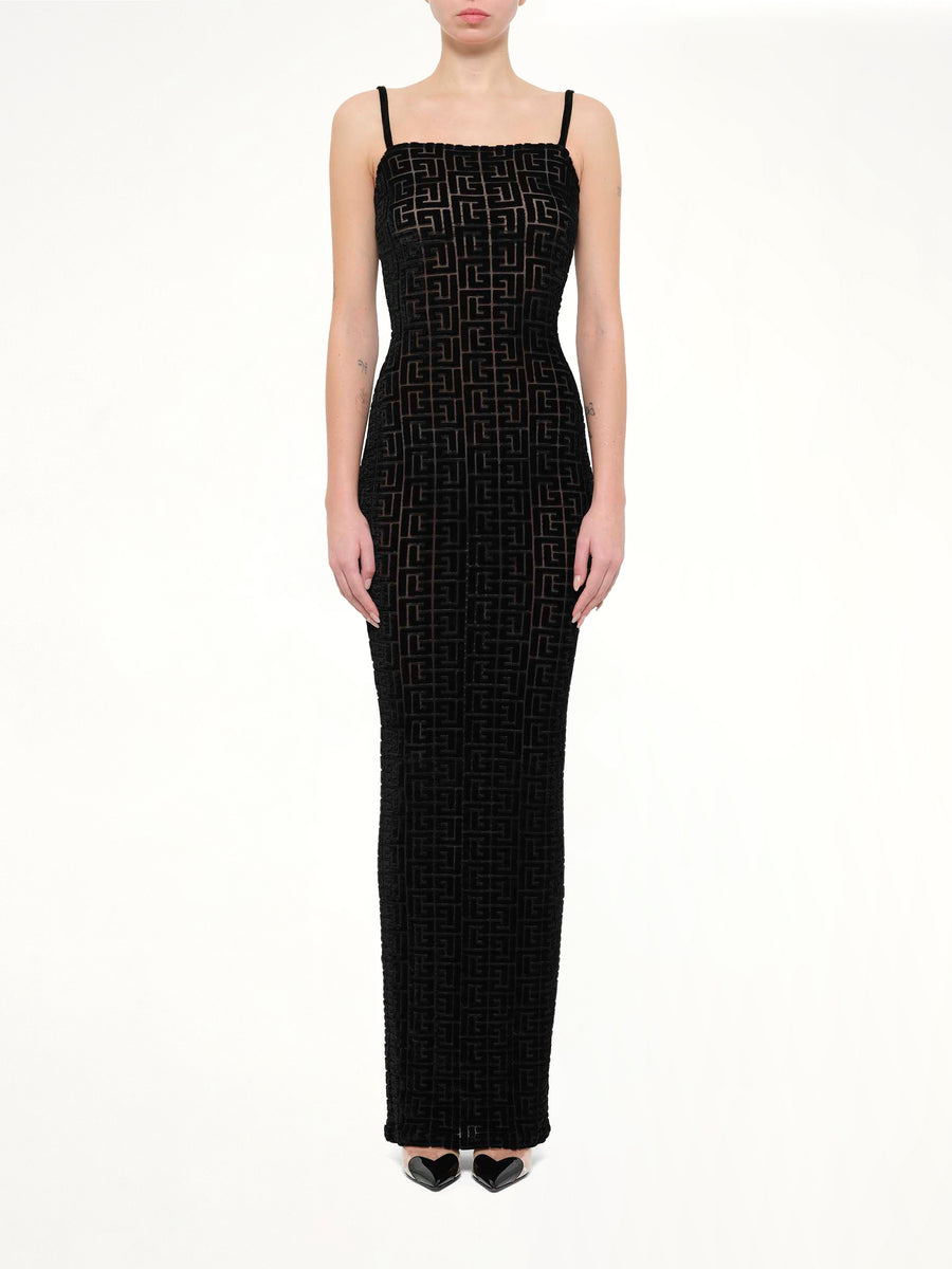 Thin Straps Velvet Monogram Long Dress in Black