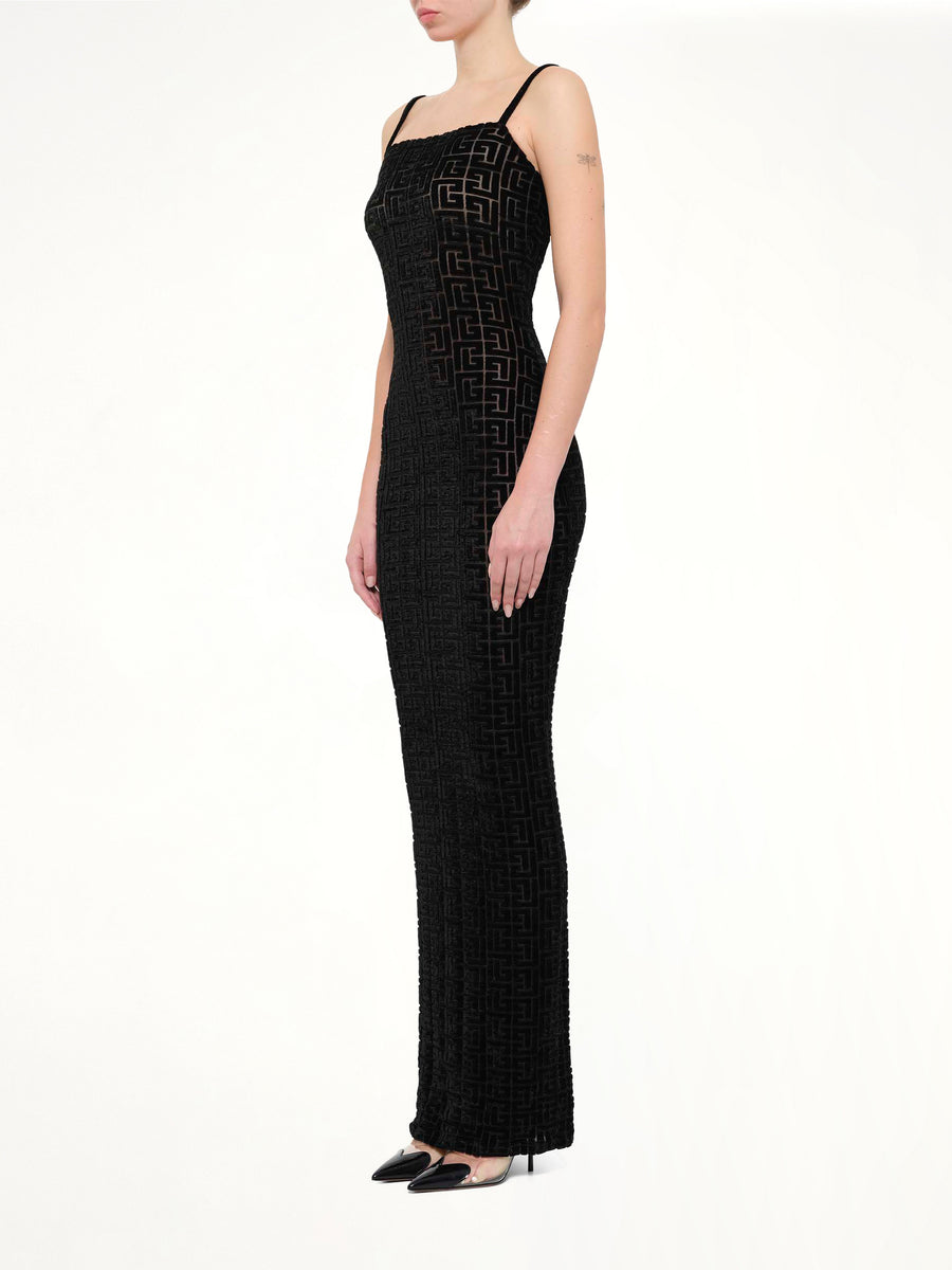 Thin Straps Velvet Monogram Long Dress in Black