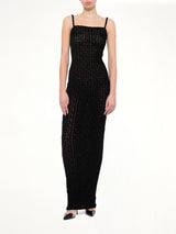 Thin Straps Velvet Monogram Long Dress in Black