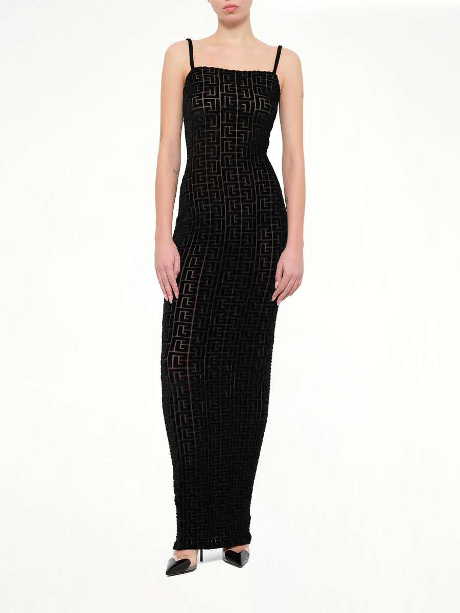 Thin Straps Velvet Monogram Long Dress in Black