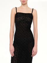 Thin Straps Velvet Monogram Long Dress in Black