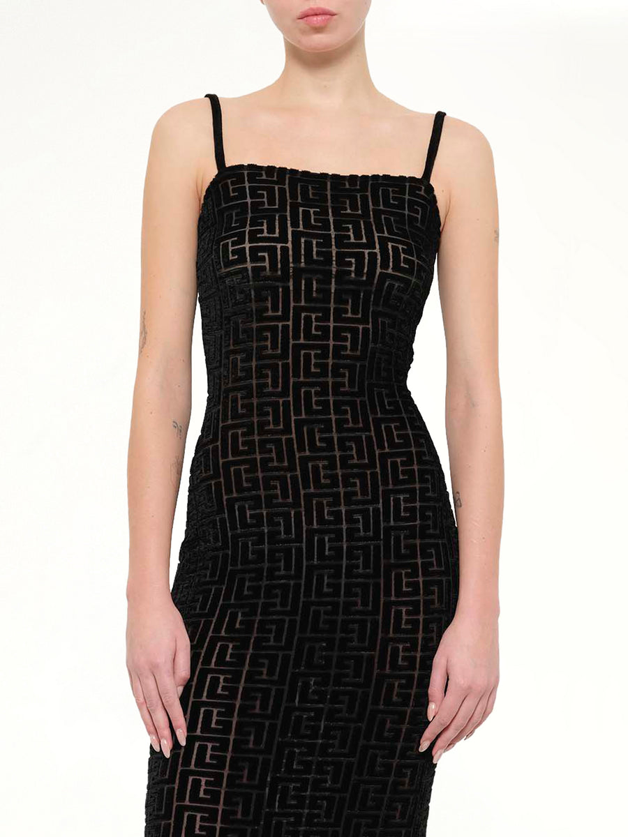 Thin Straps Velvet Monogram Long Dress in Black
