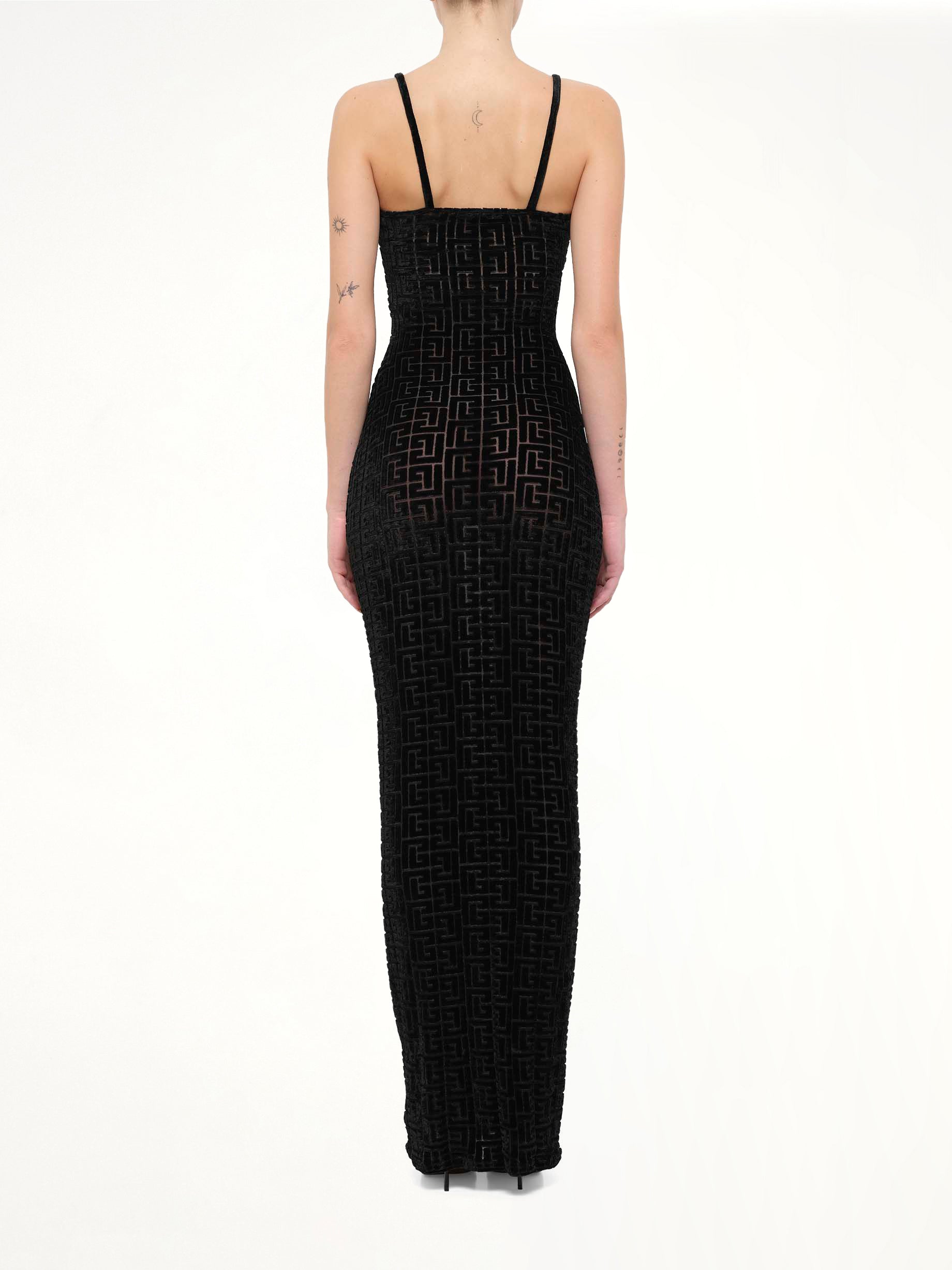 Thin Straps Velvet Monogram Long Dress in Black