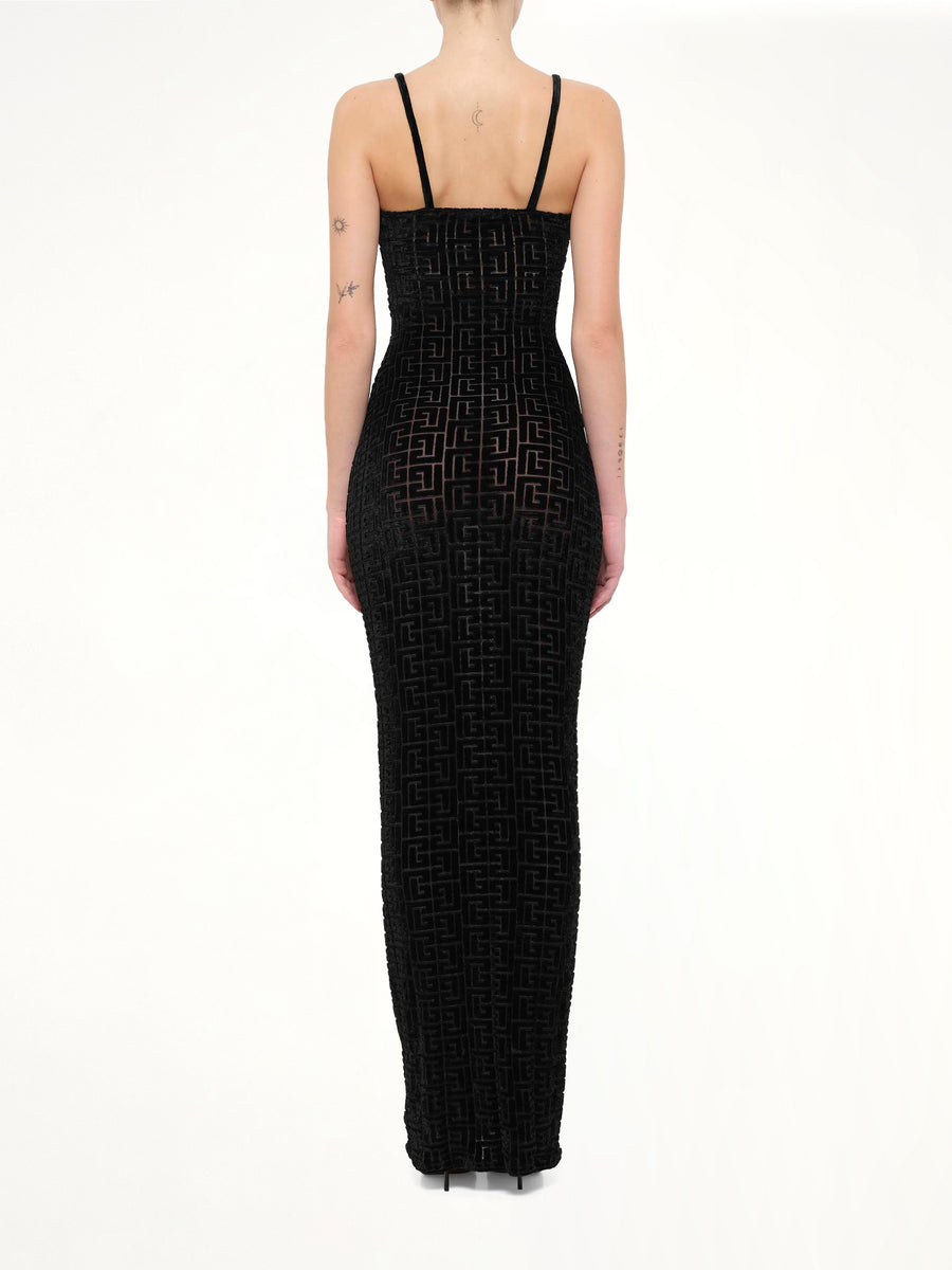 Thin Straps Velvet Monogram Long Dress in Black