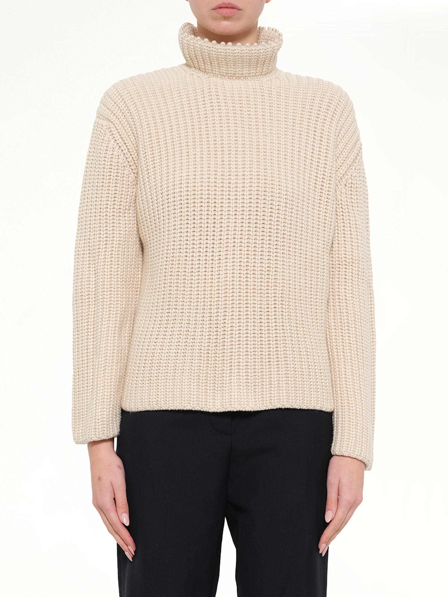 Crop Pearls Sweater in Beige