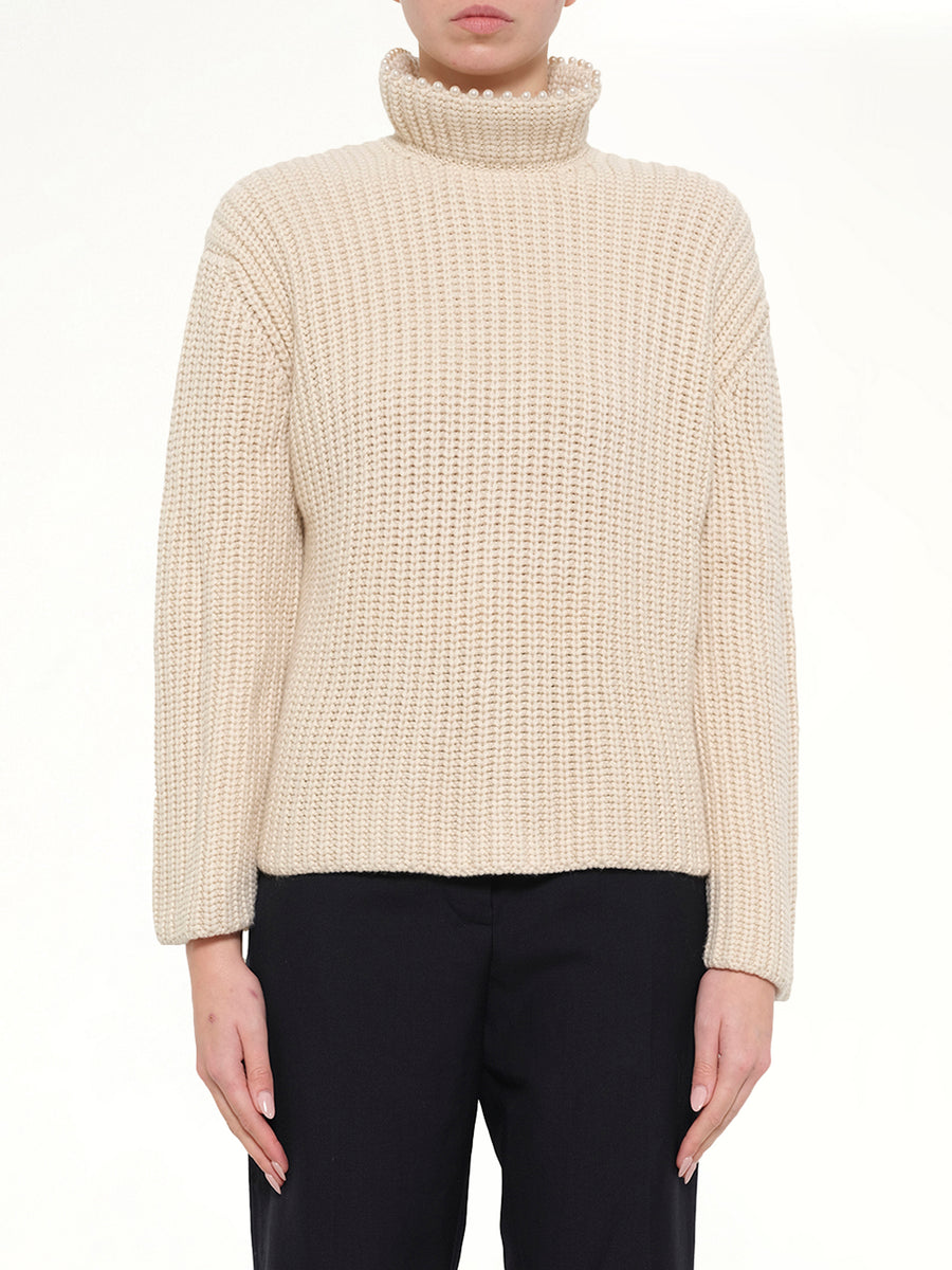 Crop Pearls Sweater in Beige
