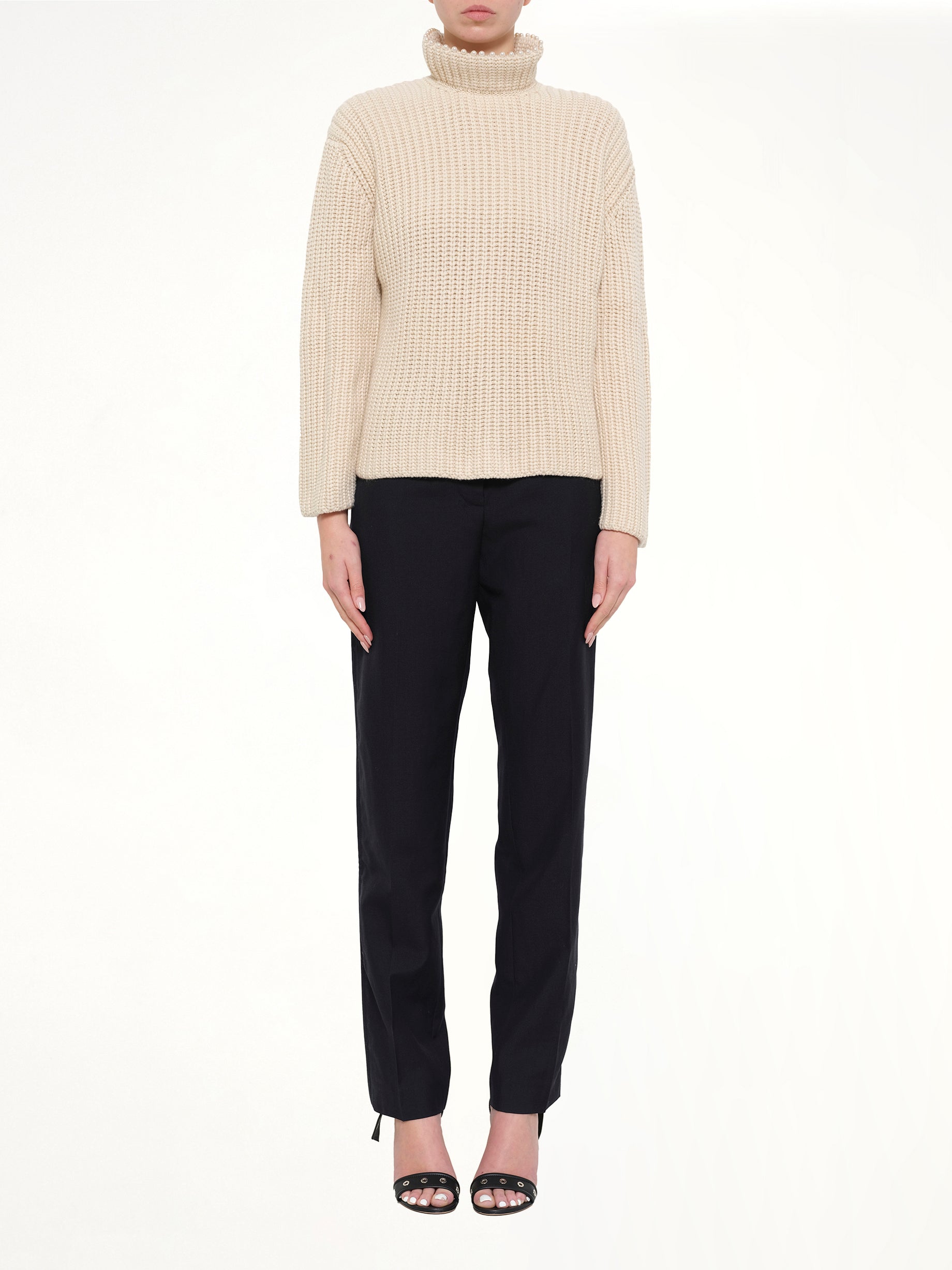Crop Pearls Sweater in Beige