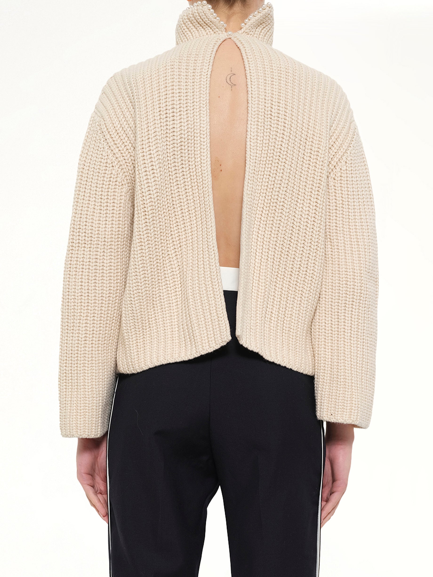 Crop Pearls Sweater in Beige