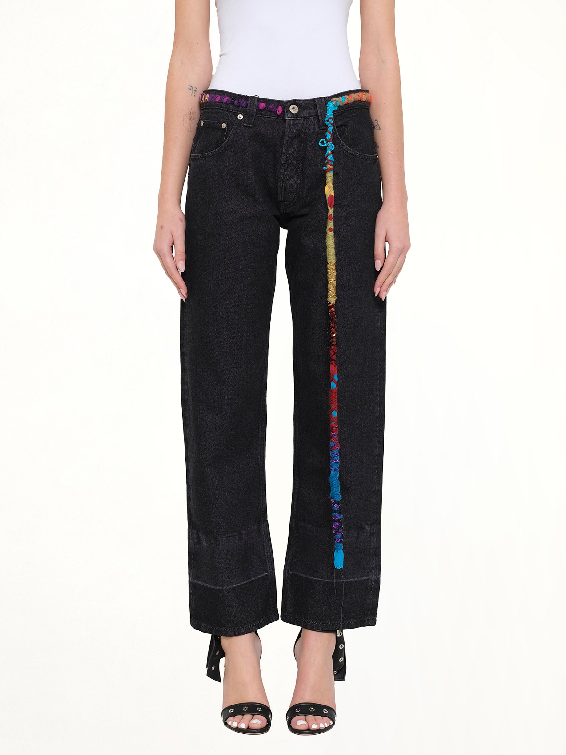 Embroidered Knot 5 Pocket Jeans in Black