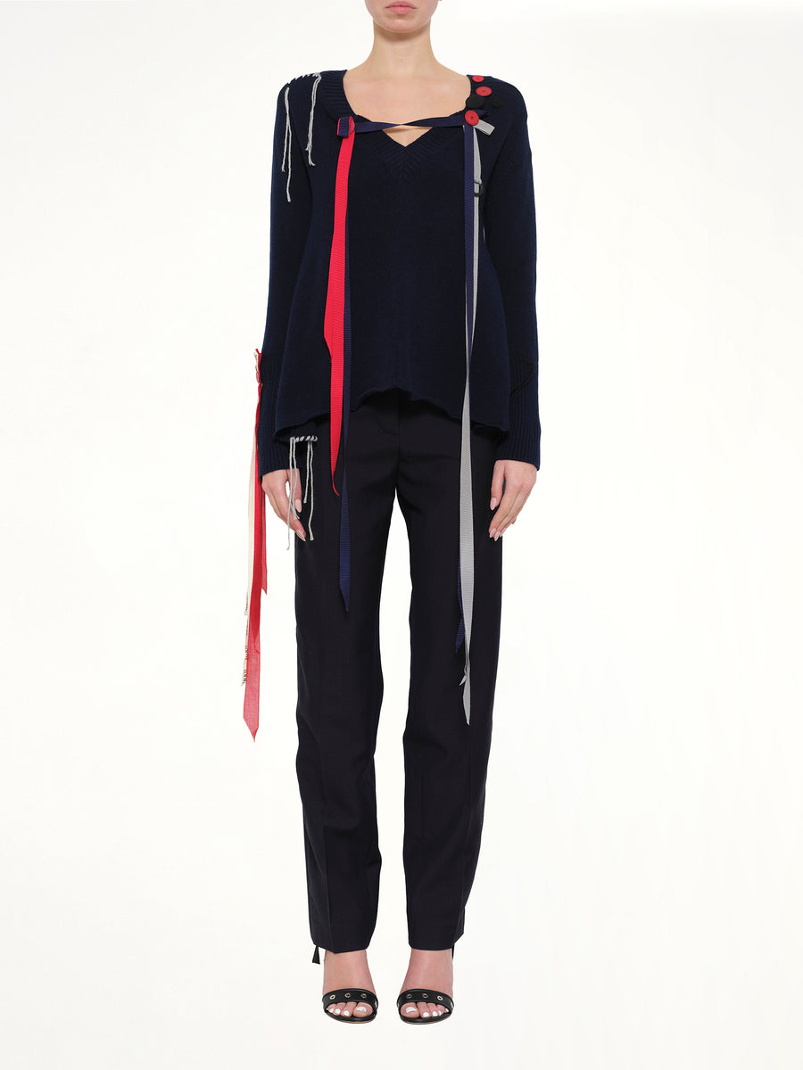 V Neck Ribbons Sweater in Navy