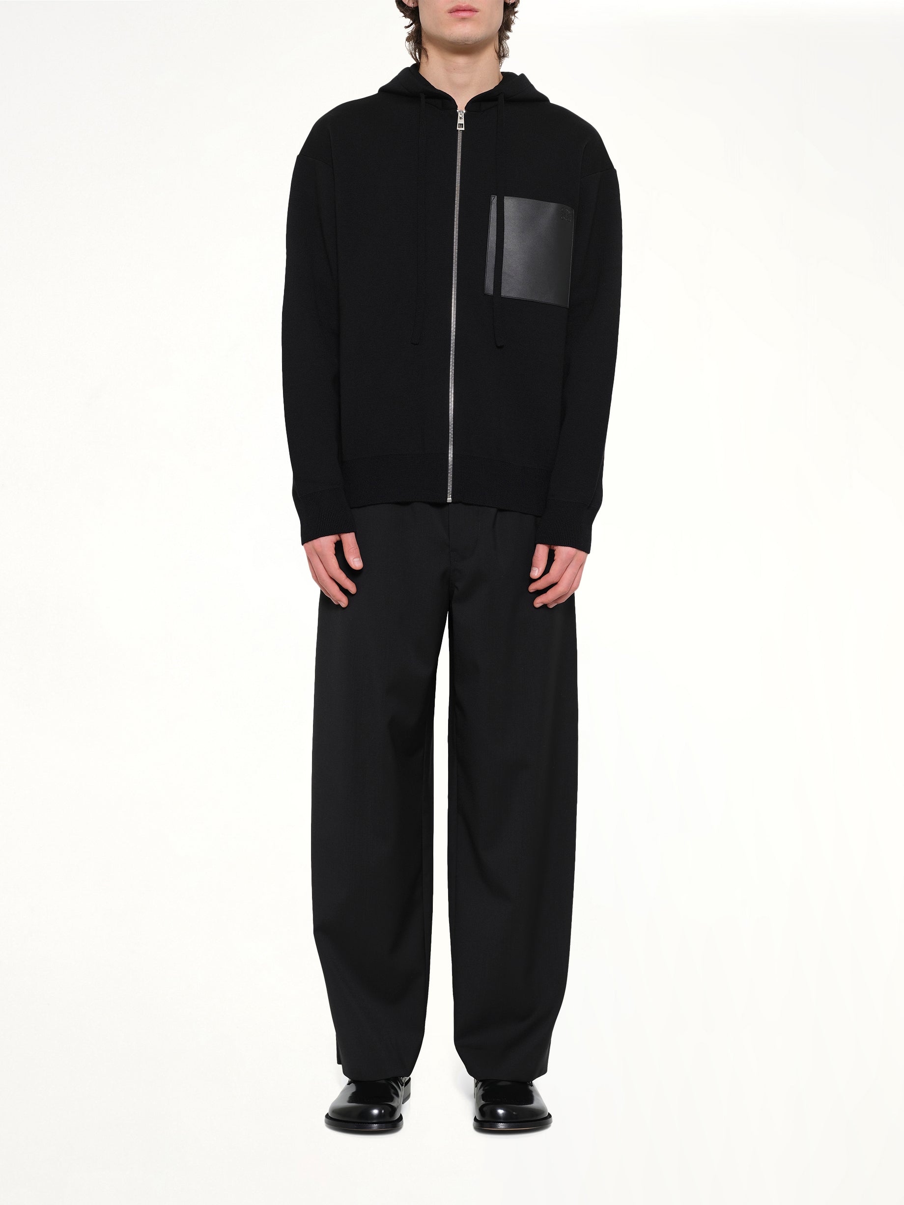 Wool Zip-Up Hoodie in Black