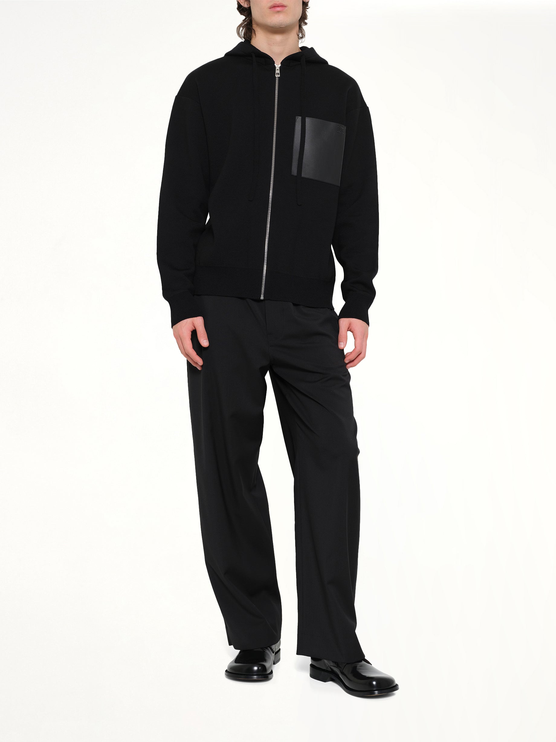 Wool Zip-Up Hoodie in Black