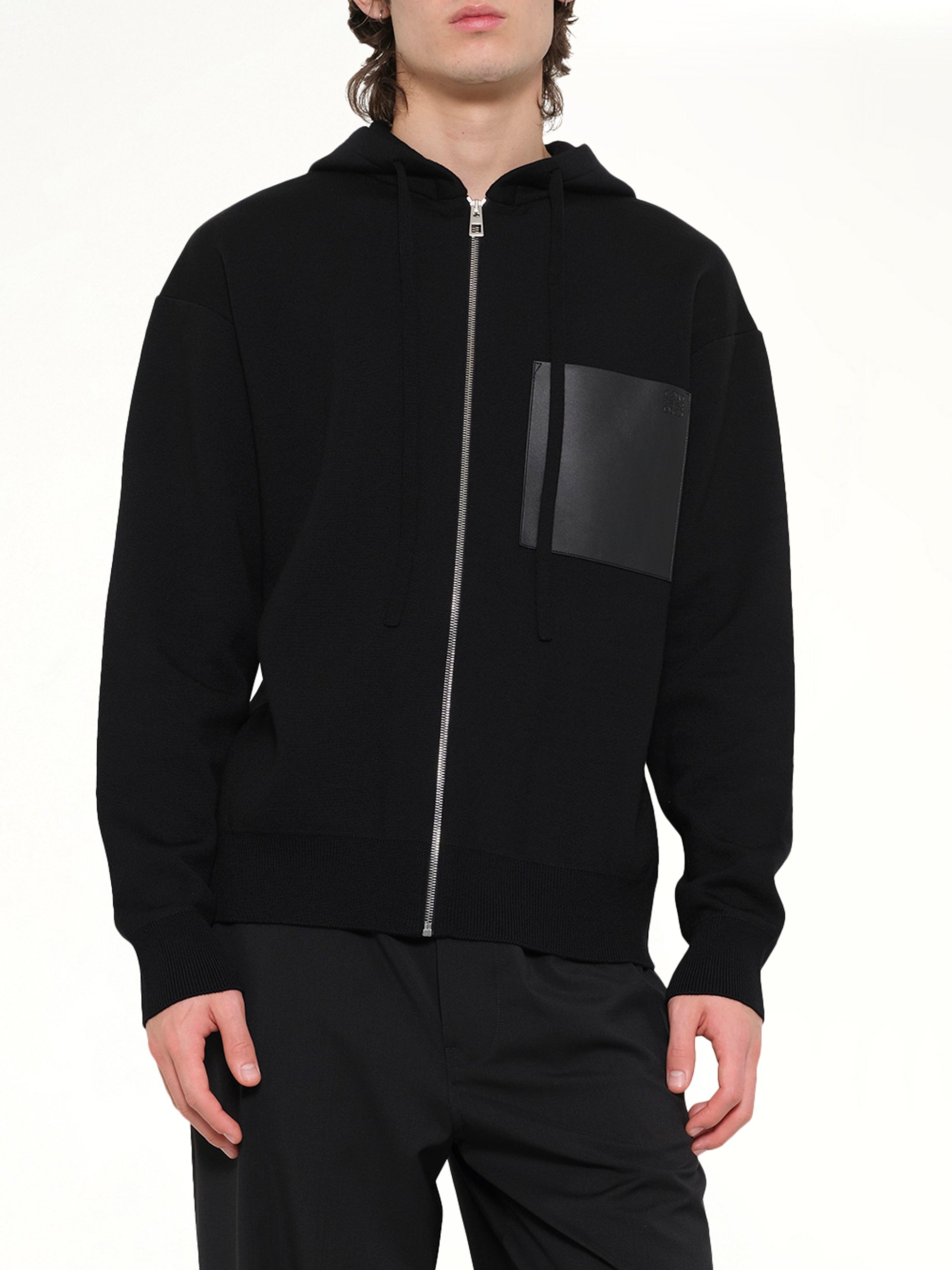 Wool Zip-Up Hoodie in Black
