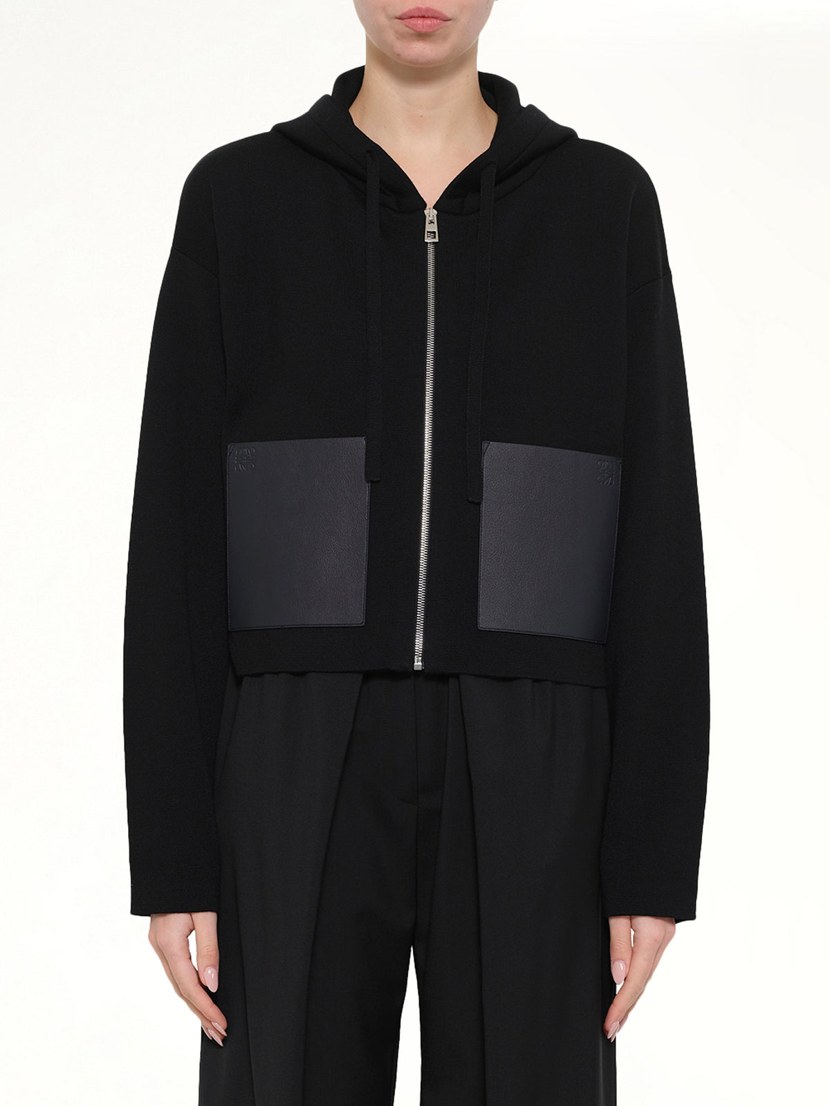 Wool Zip-Up Hoodie in Black