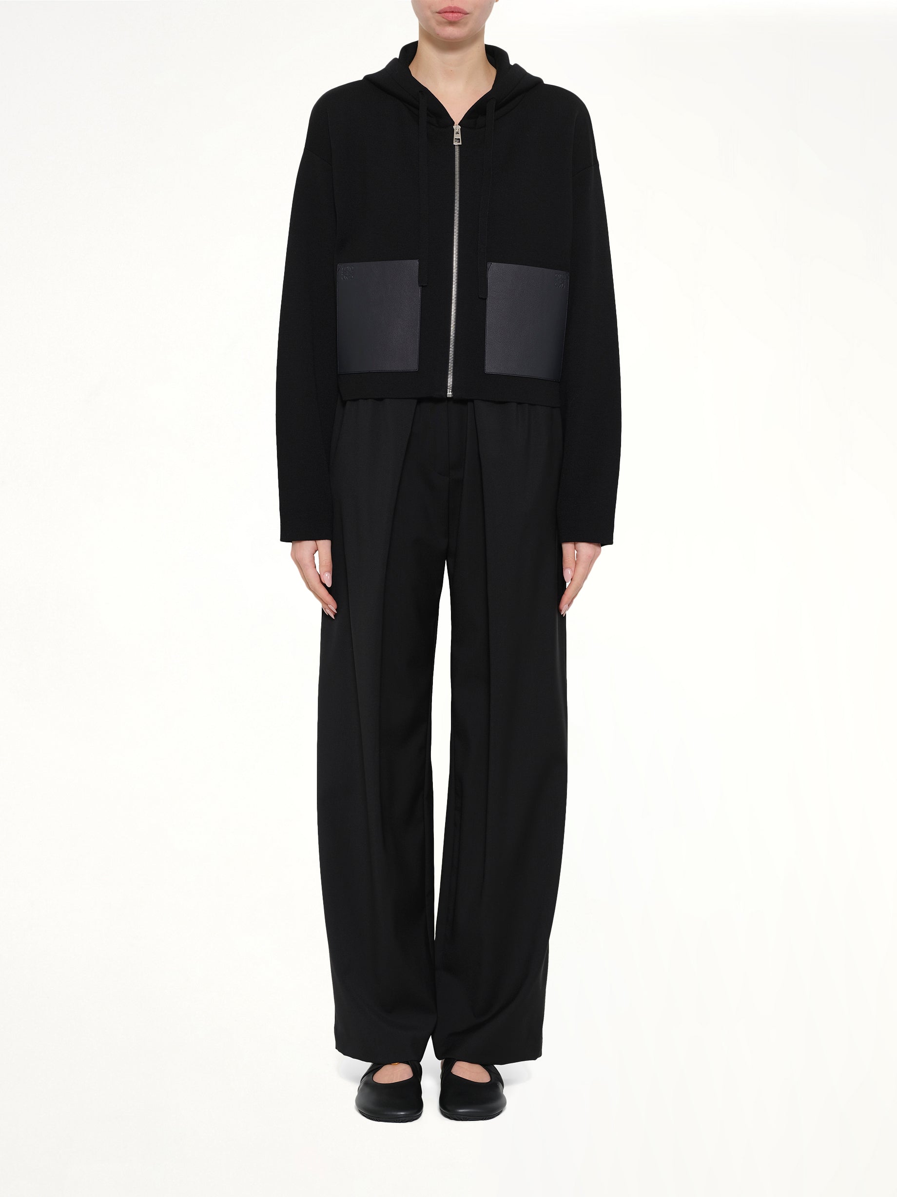Wool Zip-Up Hoodie in Black