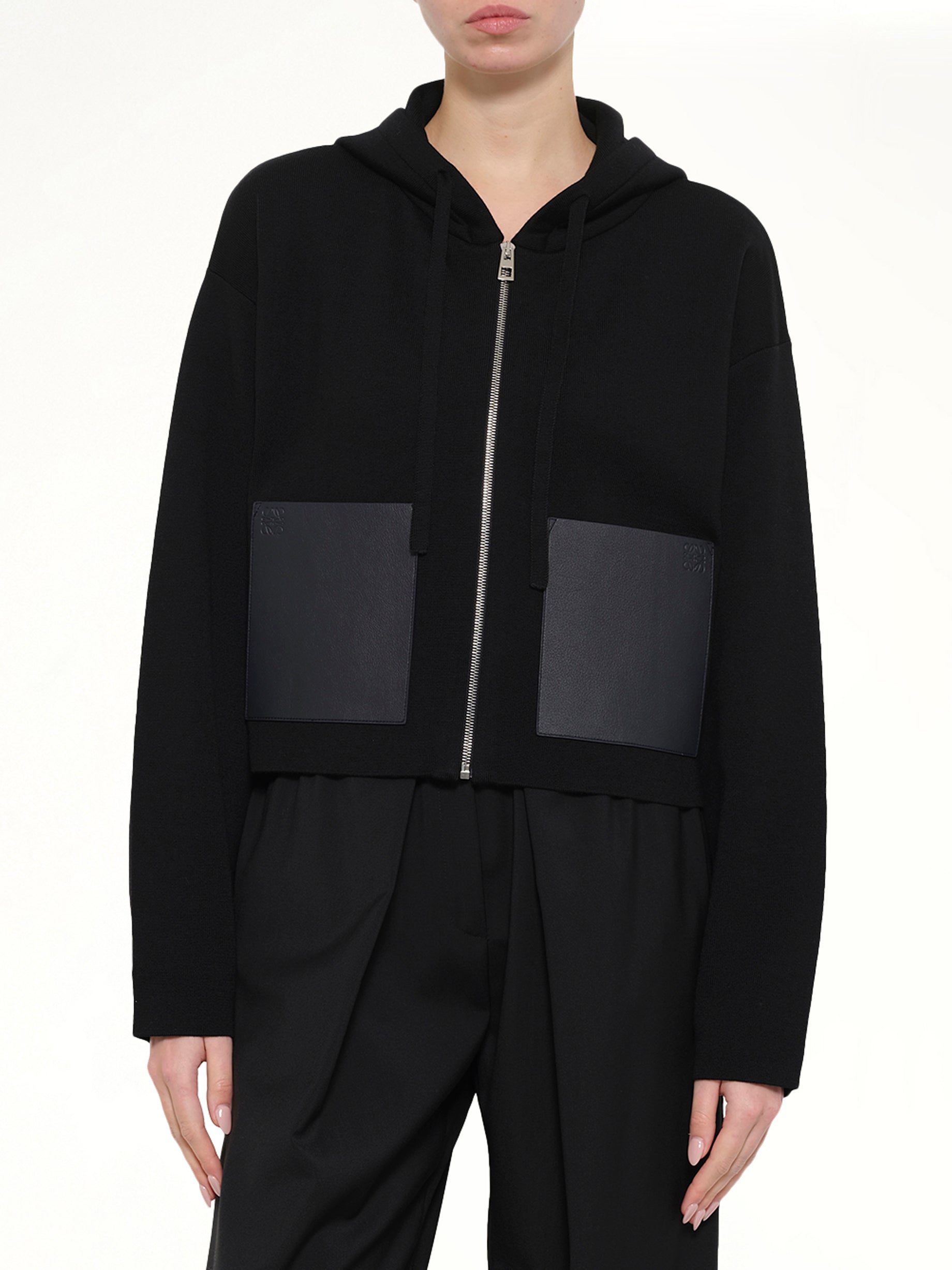 Wool Zip-Up Hoodie in Black