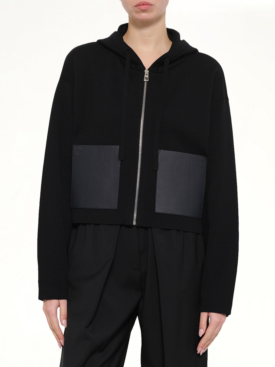 Wool Zip-Up Hoodie in Black
