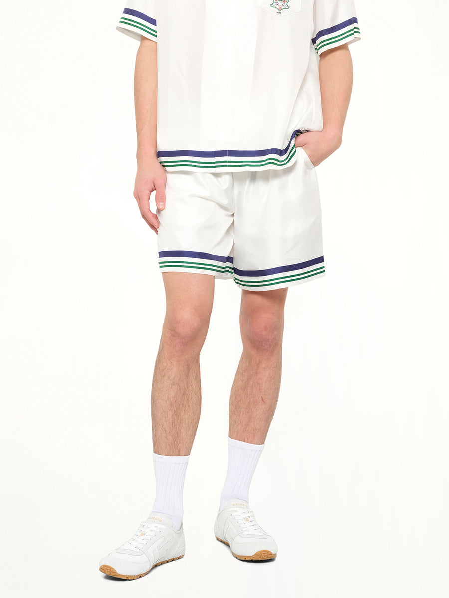 Hotel Emblem Silk Shorts in White
