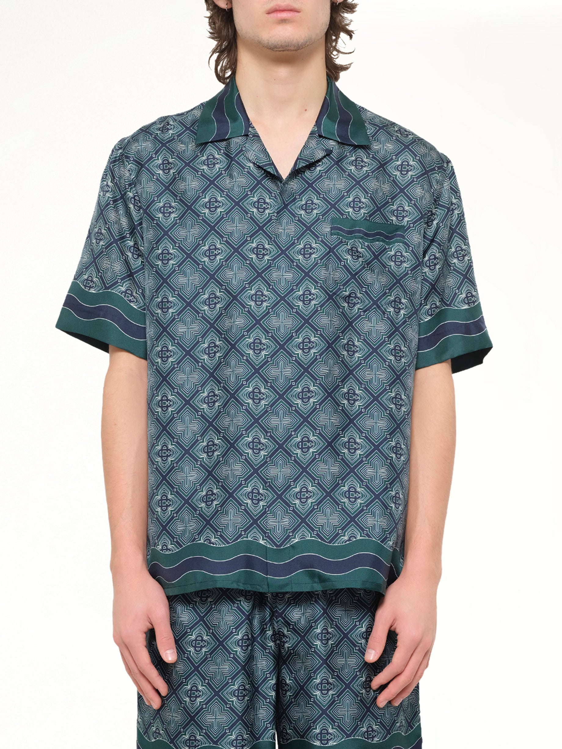 Radiating Monogram Cuban Collar SS Shirt in Green
