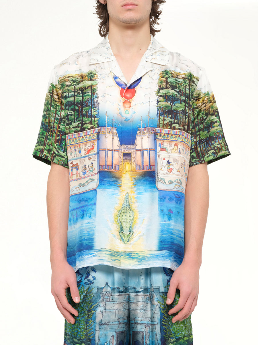 Trompe L'Oeil Cuban Collar SS Shirt in Blue